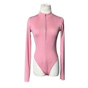 PrettyLittleThings pink ribbed long sleeves zippered bodysuit size 4